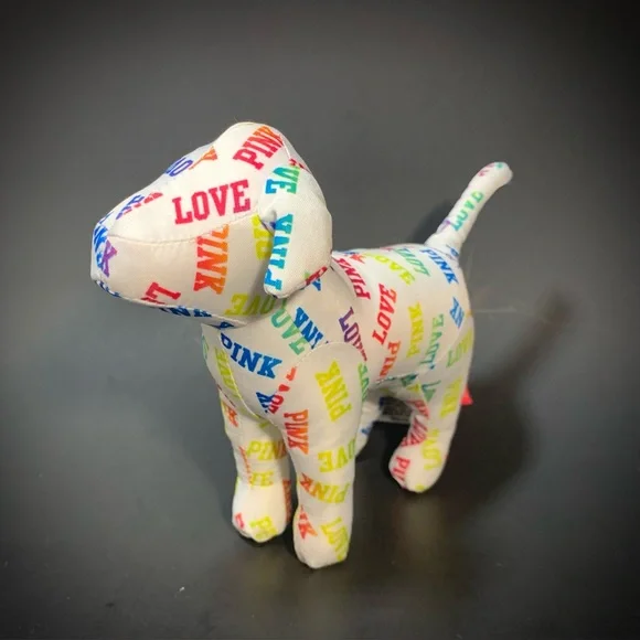 PINK by Victoria's Secret White Dog Rainbow Love and Graffiti Plush Dog Lot of 2 - Picture 3 of 13